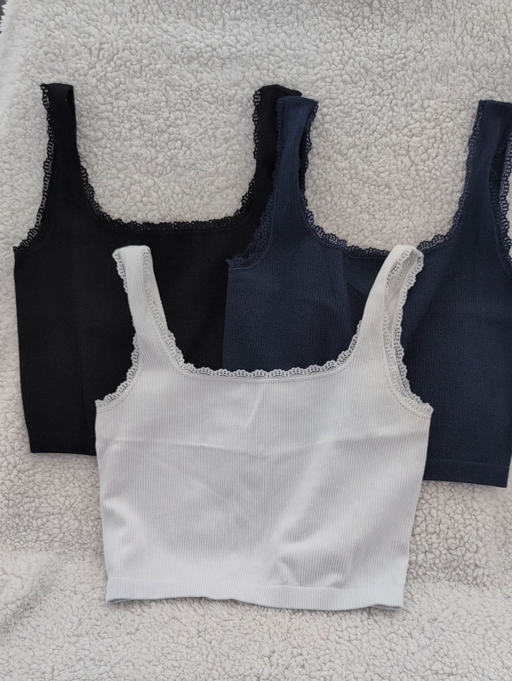 (3) Pack Lace-Trim Ribbed Tank Crop Top Set - Black, Navy, White